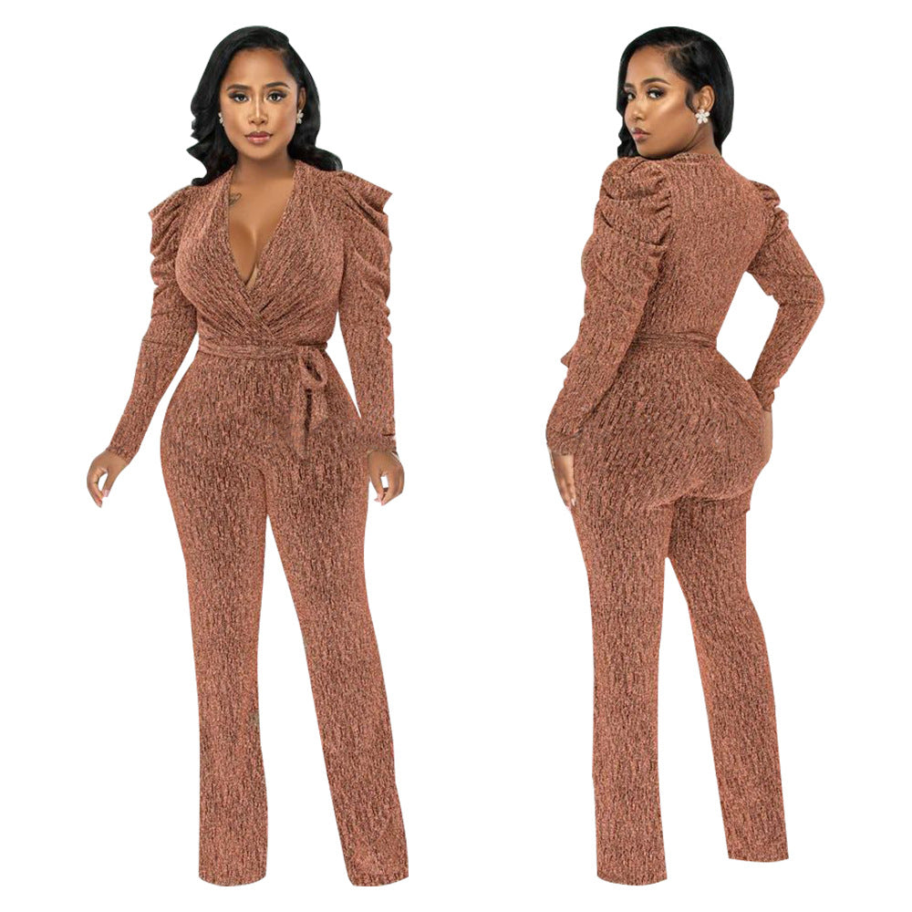 Women'S Sexy Slim Waist V Neck Puff Sleeve Shiny Knitting Jumpsuit 7