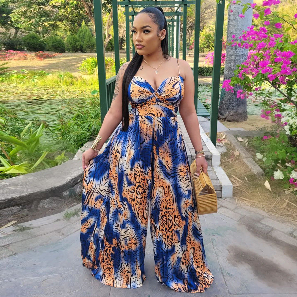 Ladies Fashion Printed Strap Pleated Jumpsuit 4