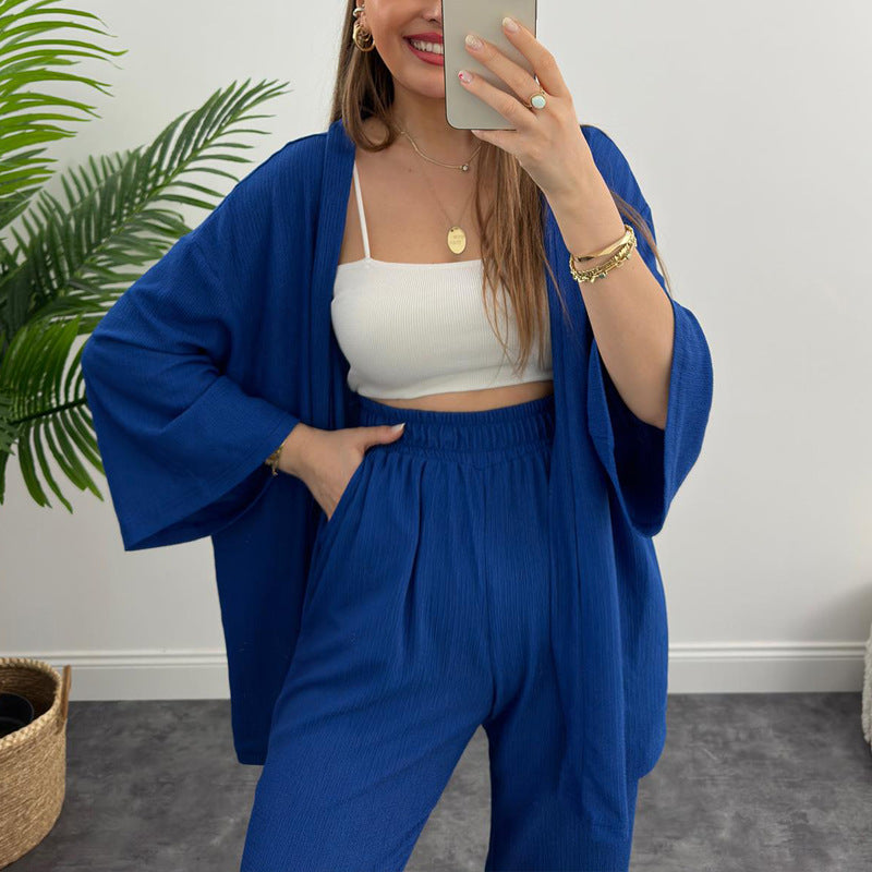 Women Solid long-sleeved shirt and pleated elastic waist trousers two-piece set 14