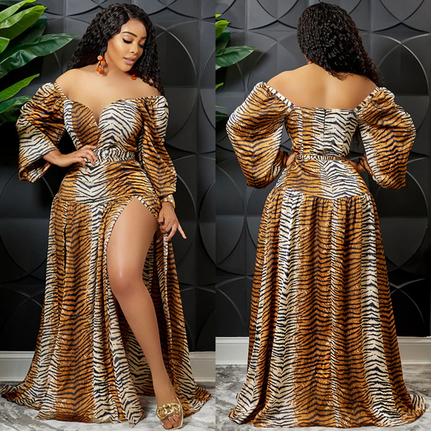 Printed V-Neck Wrap Chest Long Wide-Sleeve Irregular Slit Maxi Dress