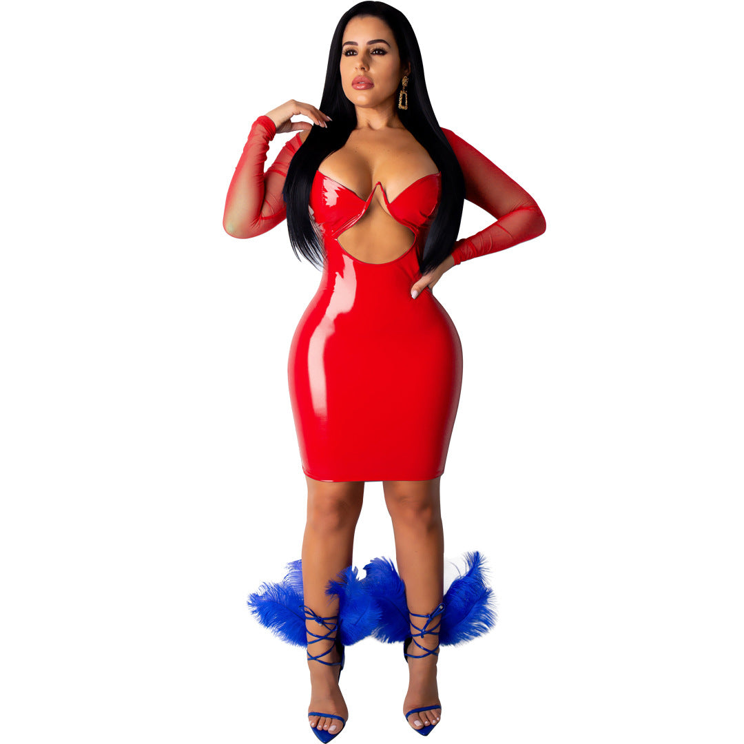 Sexy Women's Solid Color Mesh Leather Patchwork Hollow Long Sleeve Party Dress 4