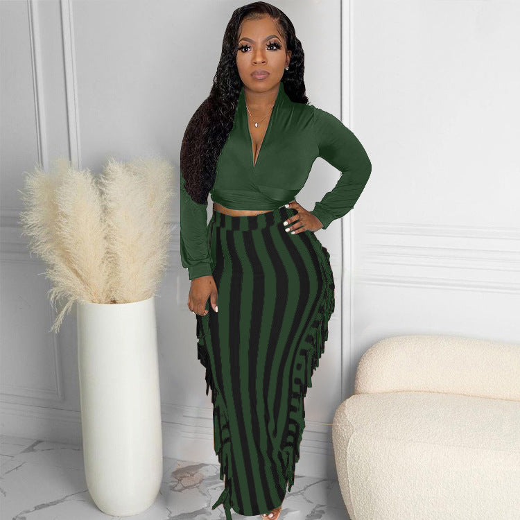 Women Autumn and Winter Top and Lace-Up Tassel Skirt Two-piece Set 12