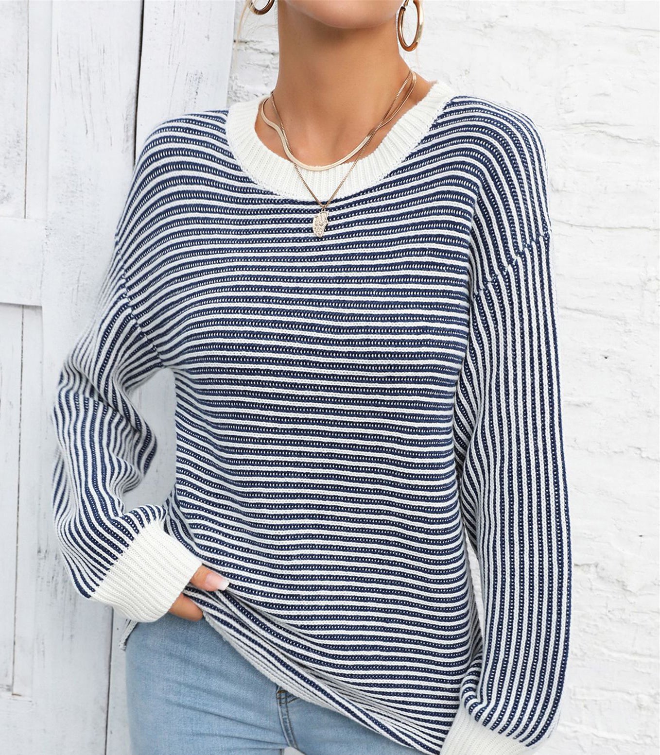 Autumn And Winter Women's Color-Blocked Round Neck Pullover Sweater Striped Knitting Top 15