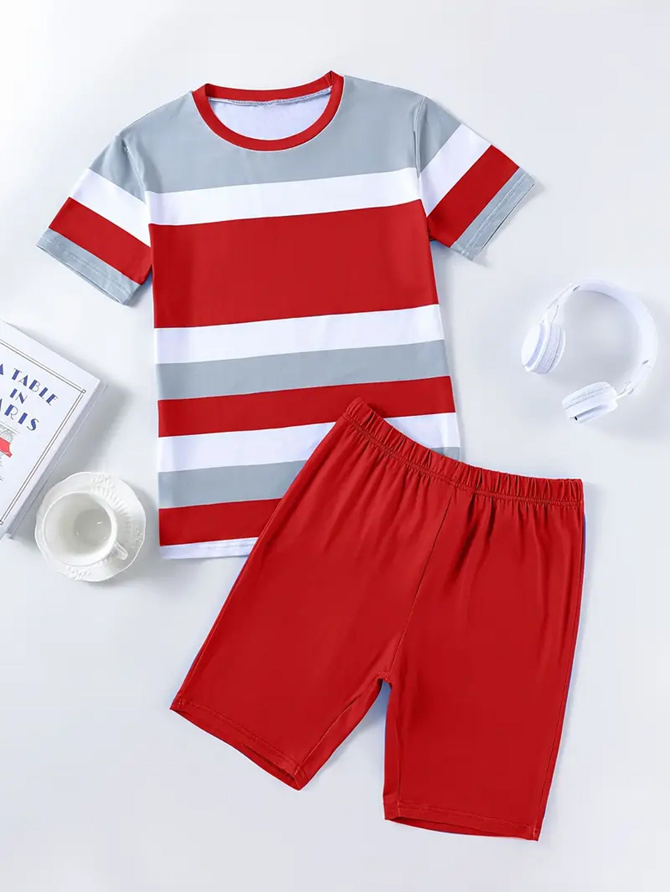 Women's Striped Print Short-Sleeve Sporty Two-Piece Shorts Set 18