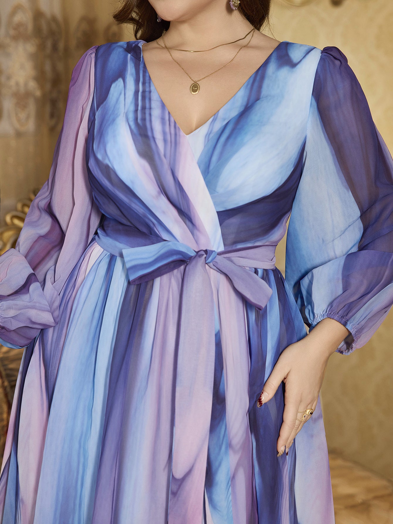 Plus Size V-Neck Lantern Sleeve Chiffon Dress Belted Slim Waist Evening Gown 8