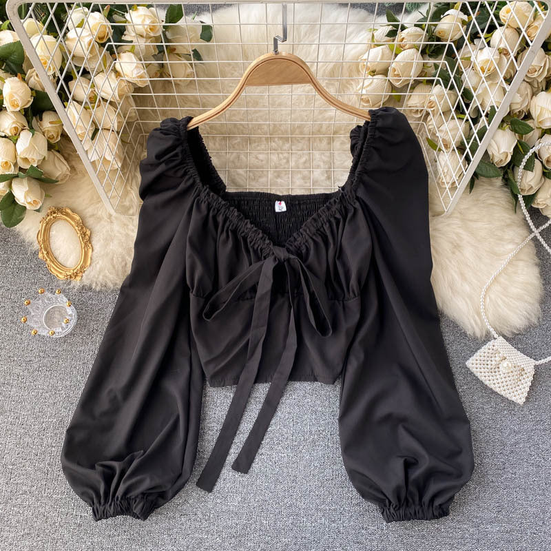 Women Pleated V-Neck Hollow Puff Sleeve Crop Top Shirt 7