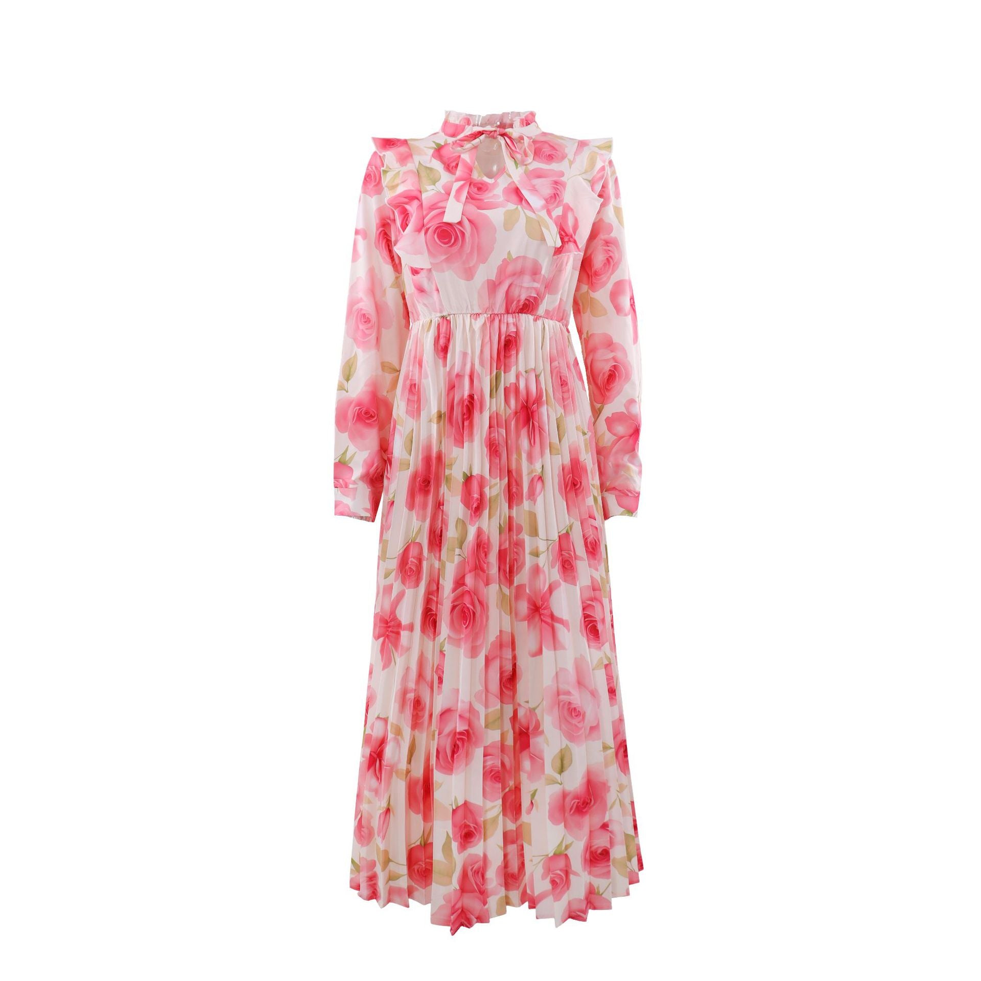 Women Elegant Holiday Print Long-Sleeved Pleated Dress 5