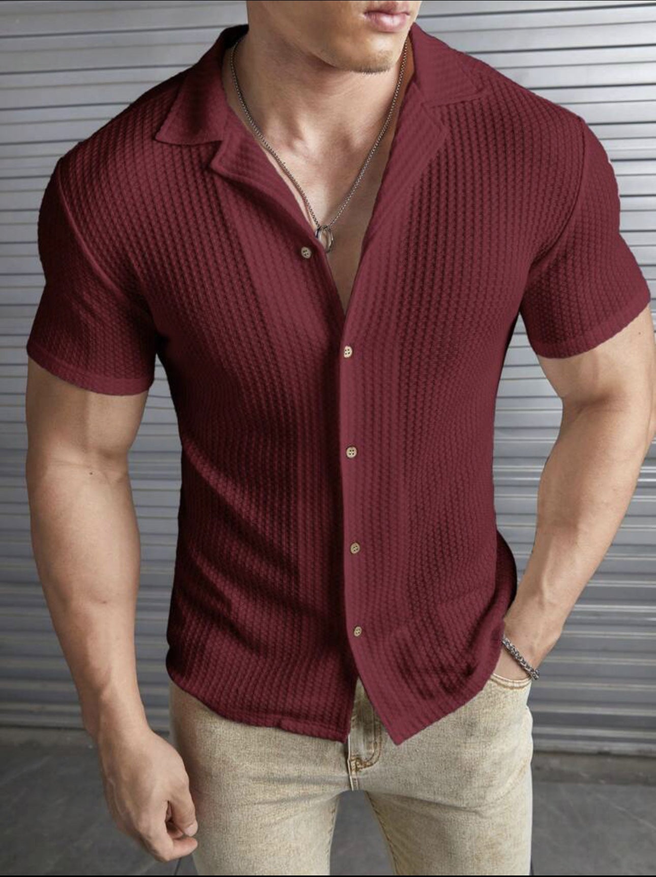 Spring And Summer Men's Fashion Casual Slim Top Fashion Short Sleeve Wafflet Shirt 7