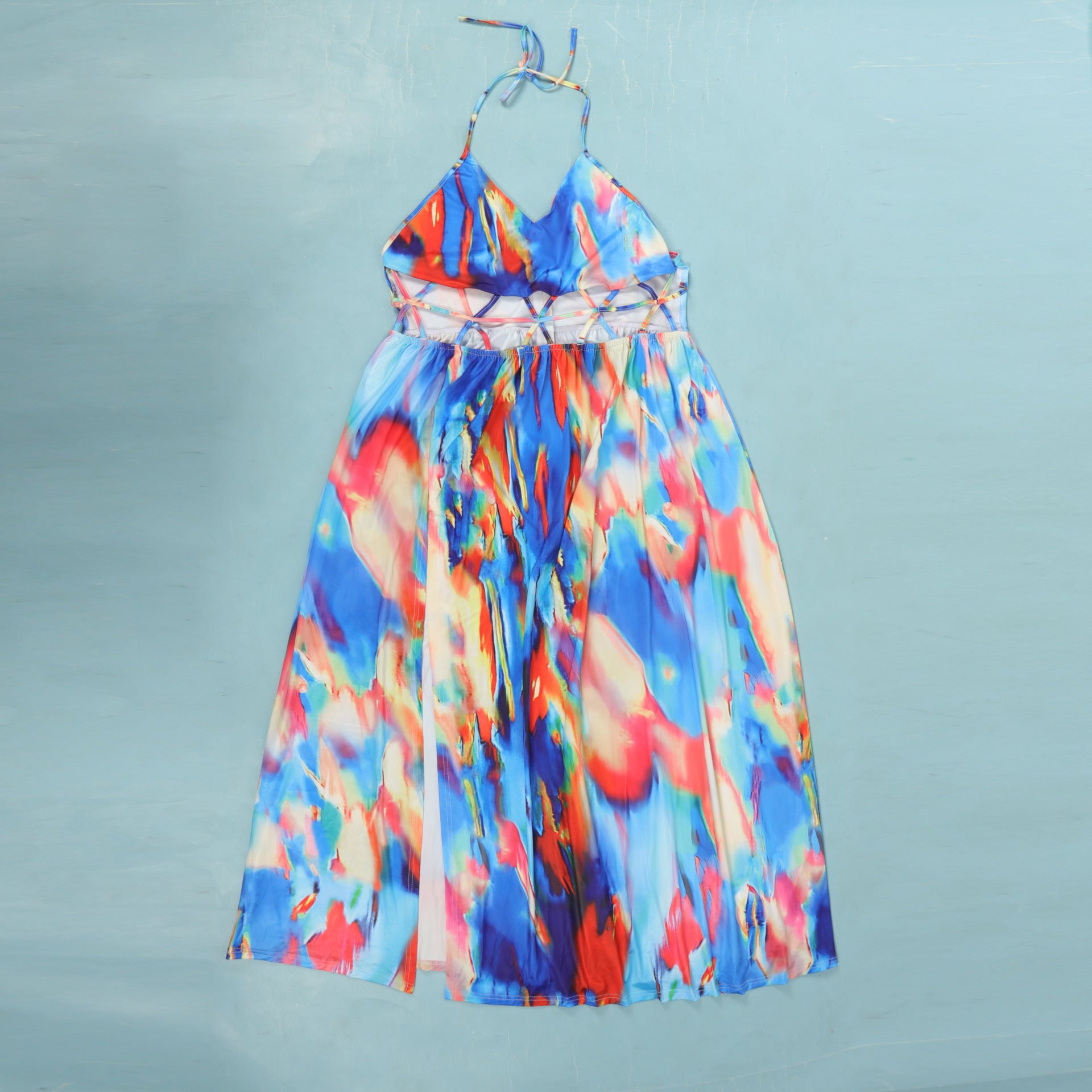 Women Print Cutout Halter Neck Lace-Up Slit Dress 19