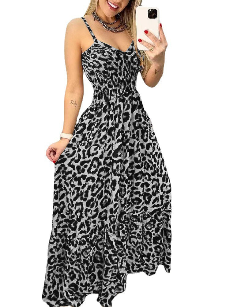 Summer Leopard Print V Neck Dress High Waist Sexy Chic Fashion Long Dress 11