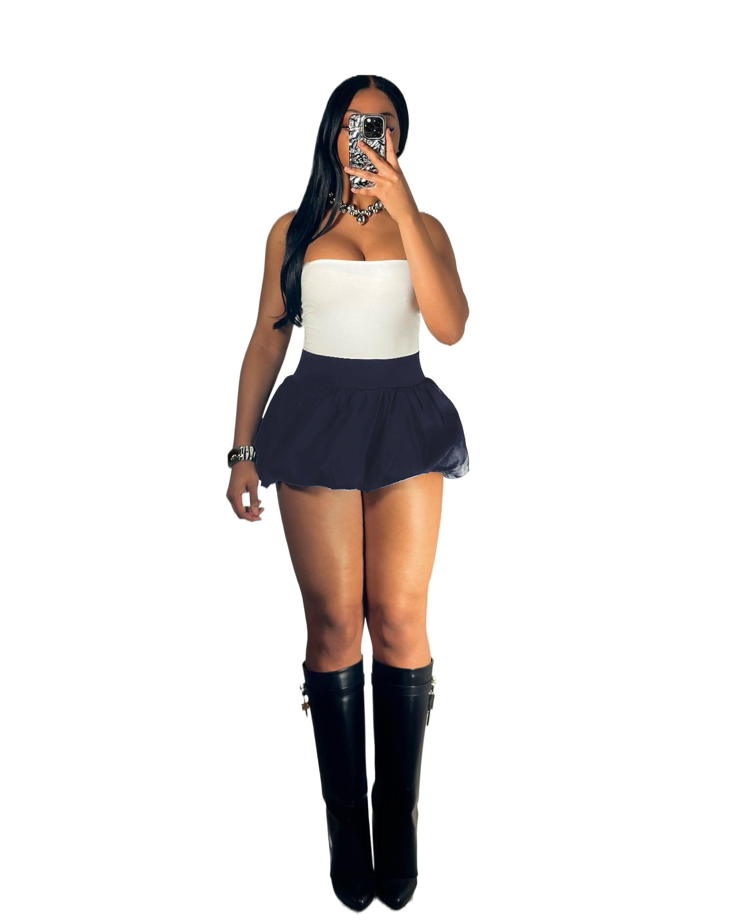 Women Solid Stretch Pleated Skirt Bubble Skirt 13