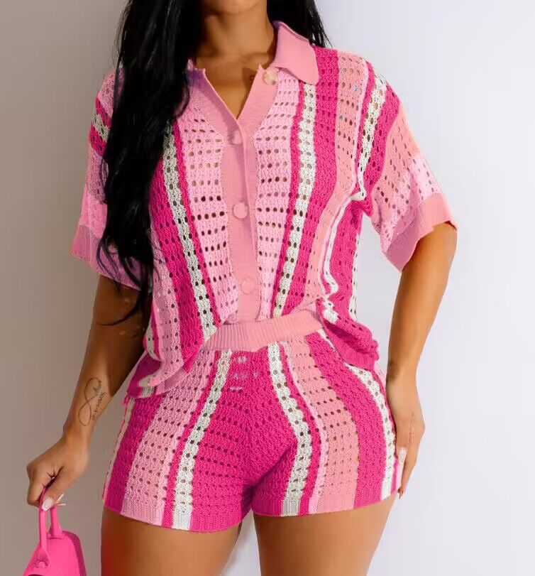 Women Sexy Cutout See-Through Contrasting Color Turndown Collar Top and Shorts Two-Piece Set 9