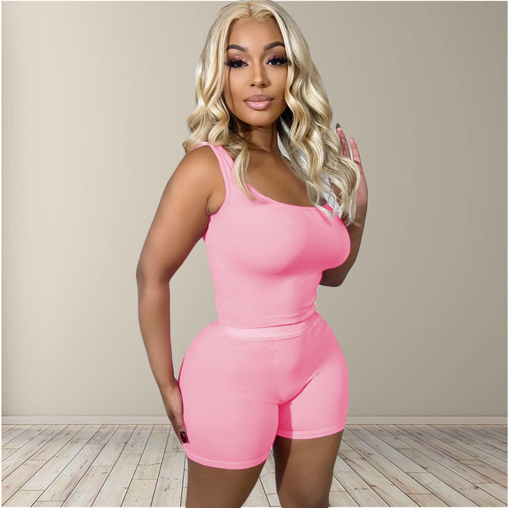 Women Solid Ribbed Top and Shorts Sports Two-Piece Set 9