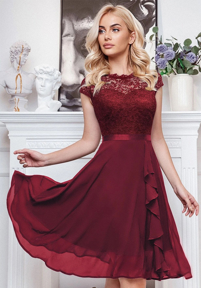 Summer Half-High Collar Short-Sleeved Lace Mid-Length Chiffon Patchwork Elastic Belt Dress