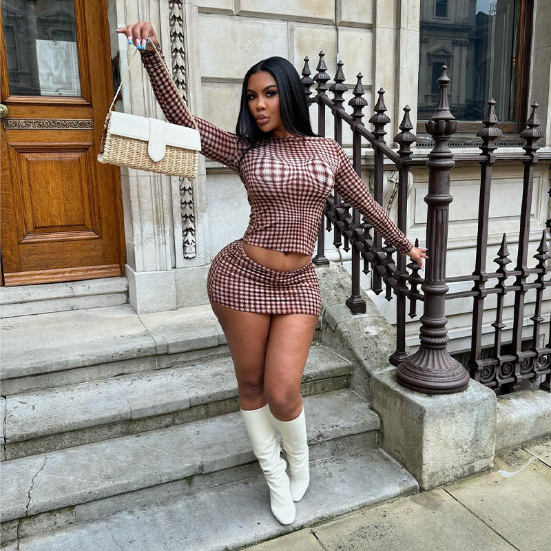 Autumn Fashion Plaid Round Neck Long Sleeve Top High Waist Short Skirt Slim Female Two Piece Set 3