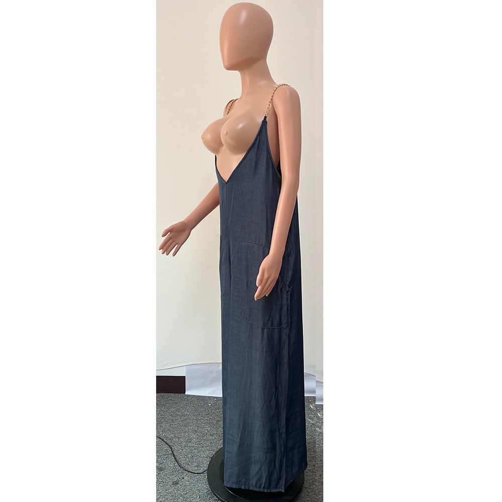 Metal Straps Wide Leg Loose Jumpsuit With Pockets 7