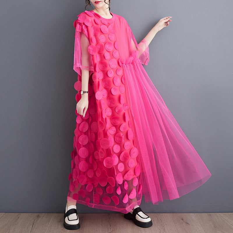 Summer Plus Size Women Polka Dot Mesh Patchwork Irregular Maxi Dress 5