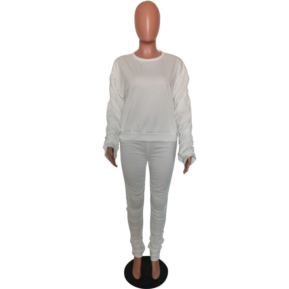 Autumn And Winter Women's Solid Color Long Sleeve Pleated Fashion Two-Piece Pants Set 10