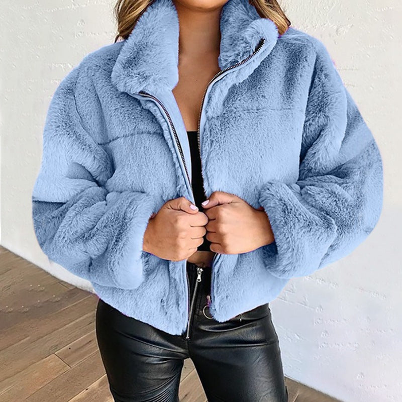 Women furry zipper warm jacket 7