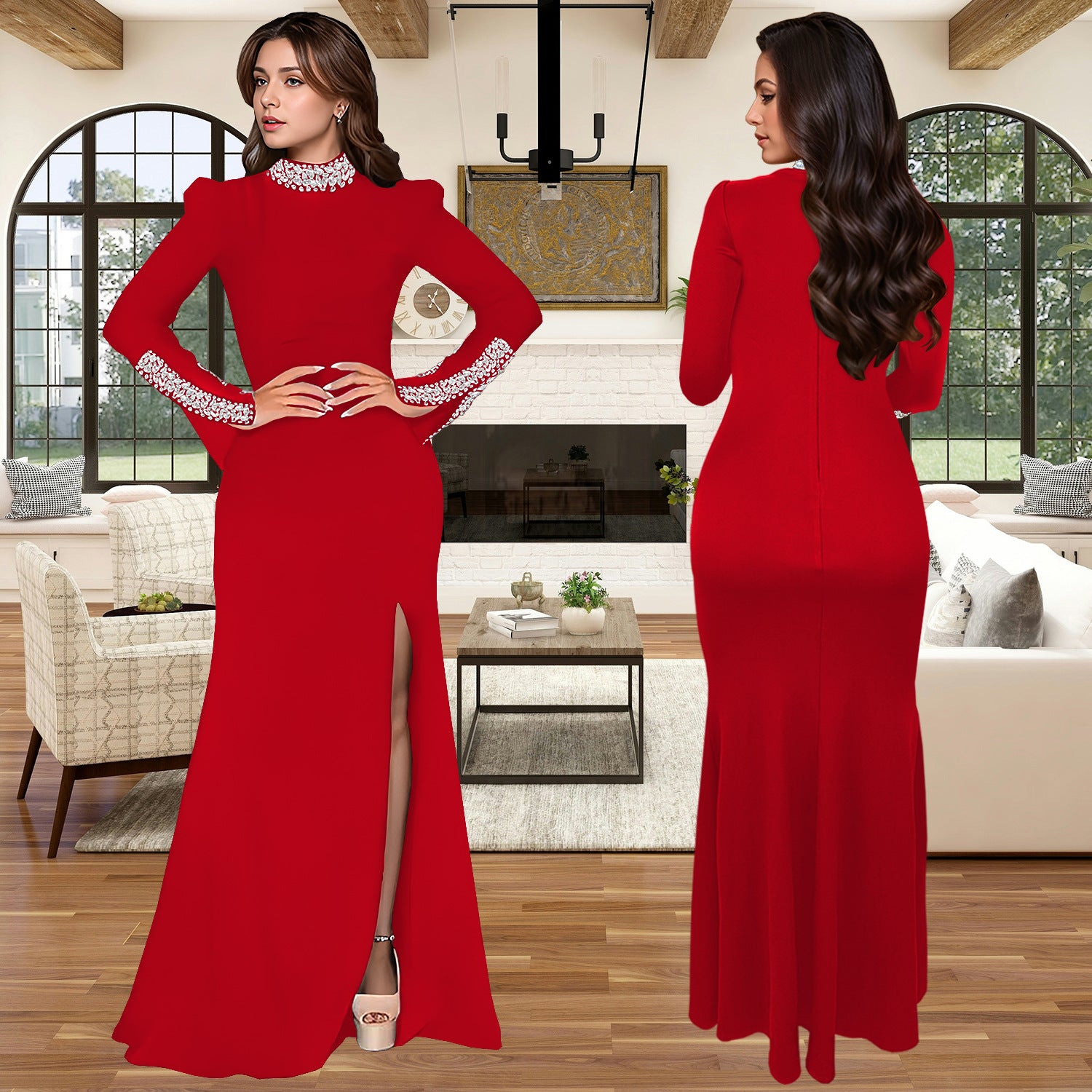 Women Solid Long Sleeve Beaded Slit Dress
