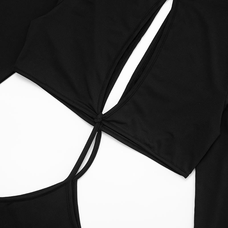 Women's Sexy Hollow Out Round Neck Long Sleeve Open Waist Slim Maxi Dress 24