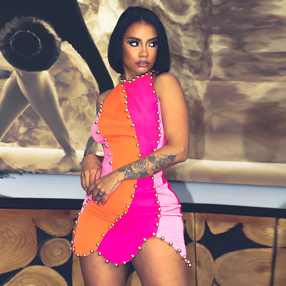 Women's Elegant Sexy Beaded Sleeveless Irregular Dress Short Skirt