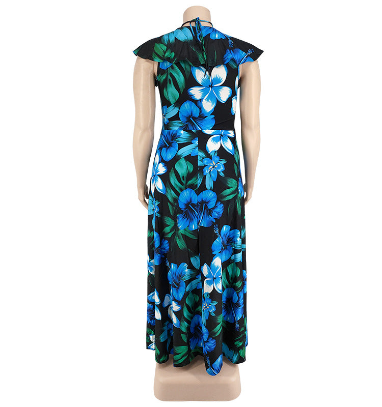 Plus Size Women's Summer Ruffled Collar Floral Print Maxi Dress 14