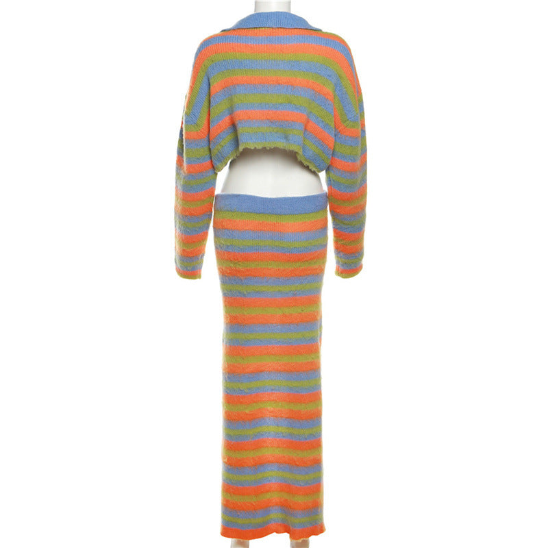 Autumn Women sexy knitting striped contrast top and slit skirt two-piece set 14