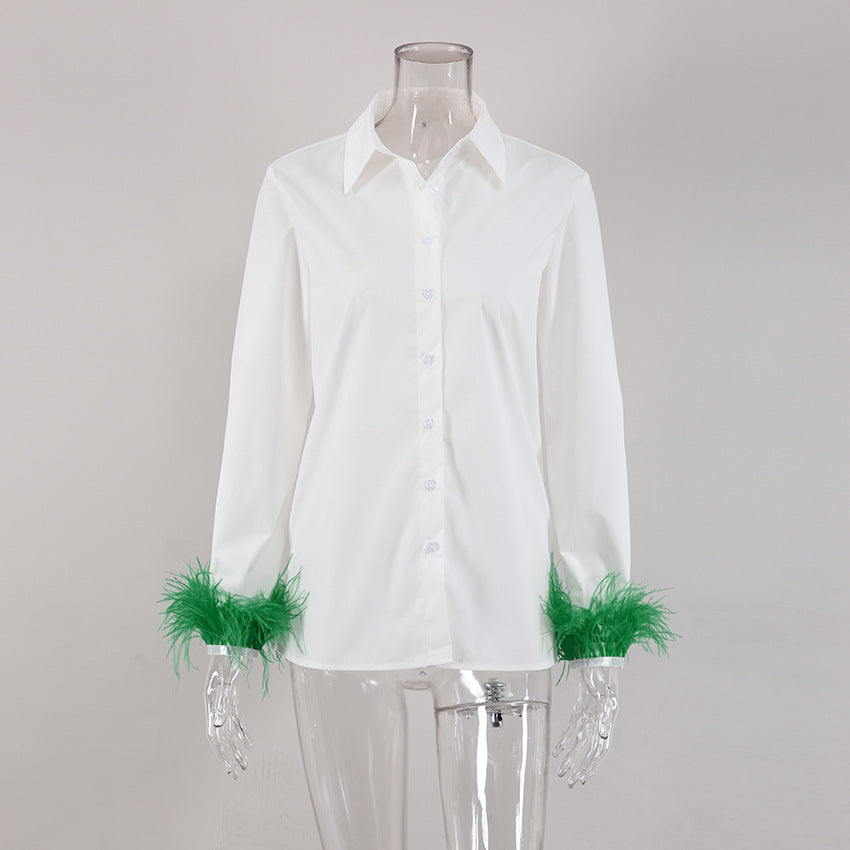 Autumn Fashion Slim Fur Trim Long Sleeve Women'S White Shirt Top 11