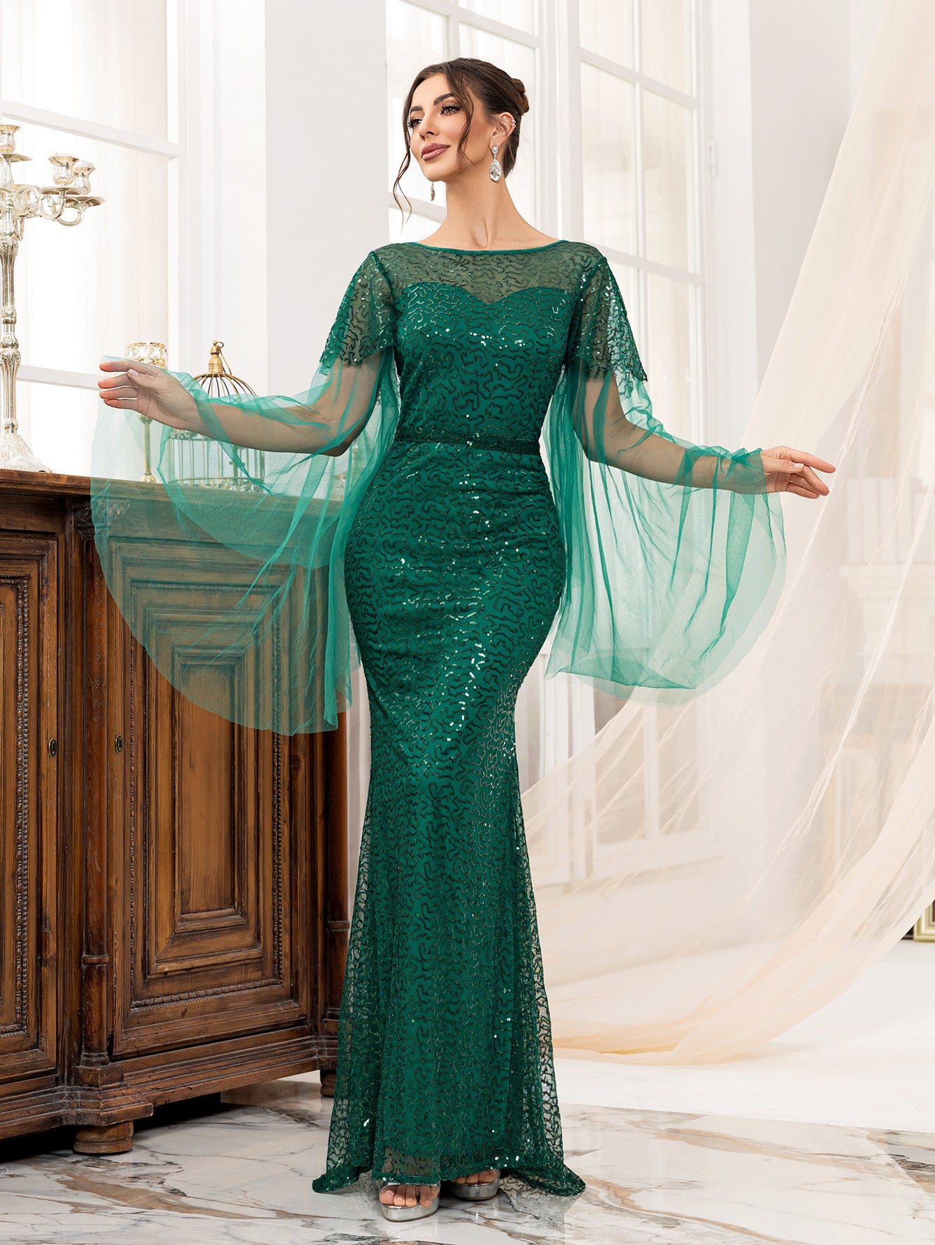 Low-Back Green Women's Long Sleeve Formal Party Sequin Fishtail Evening Dress 4