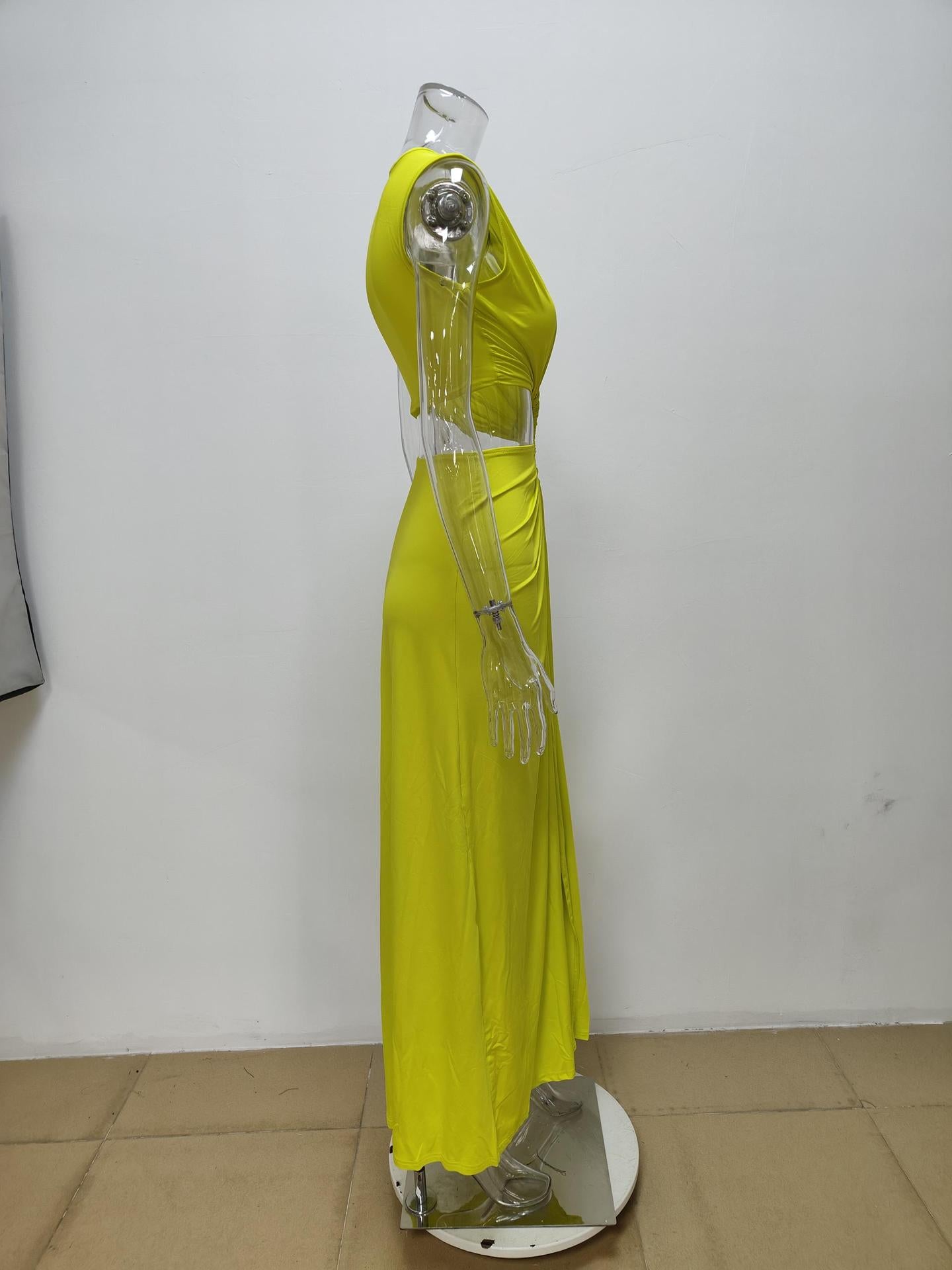 Women's Summer Hollow Knot Slit V-Neck Sleeveless Pleated Irregular Dress 9