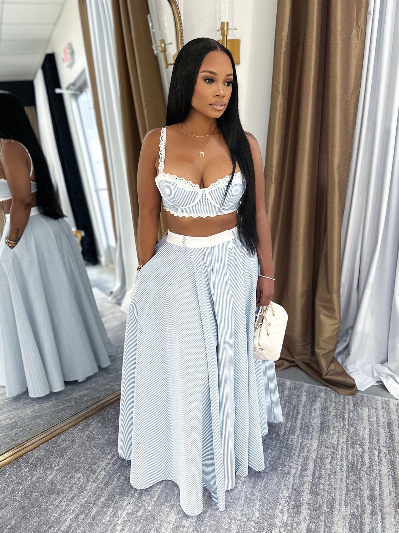 Summer Women's Lace Patchwork Strap Crop Top & High-Waist Skirt Set 3