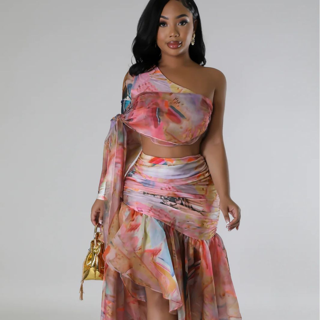 Autumn Women's Oil Painting Print Sexy High Slit Two-Piece Skirt Set