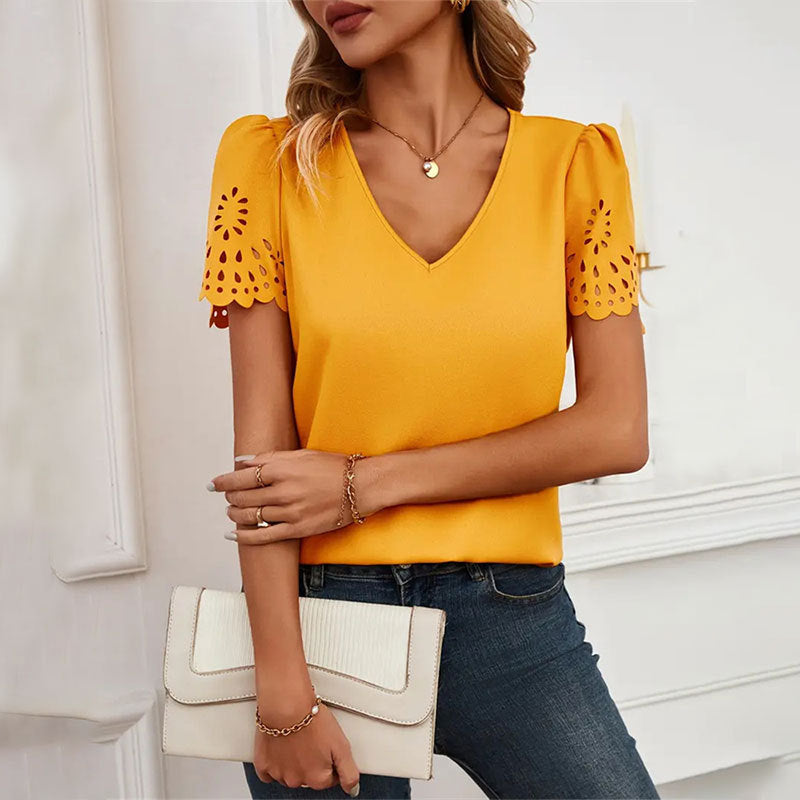 Women's Career Hollow short-sleeved tops v-neck solid color t-shirts 6