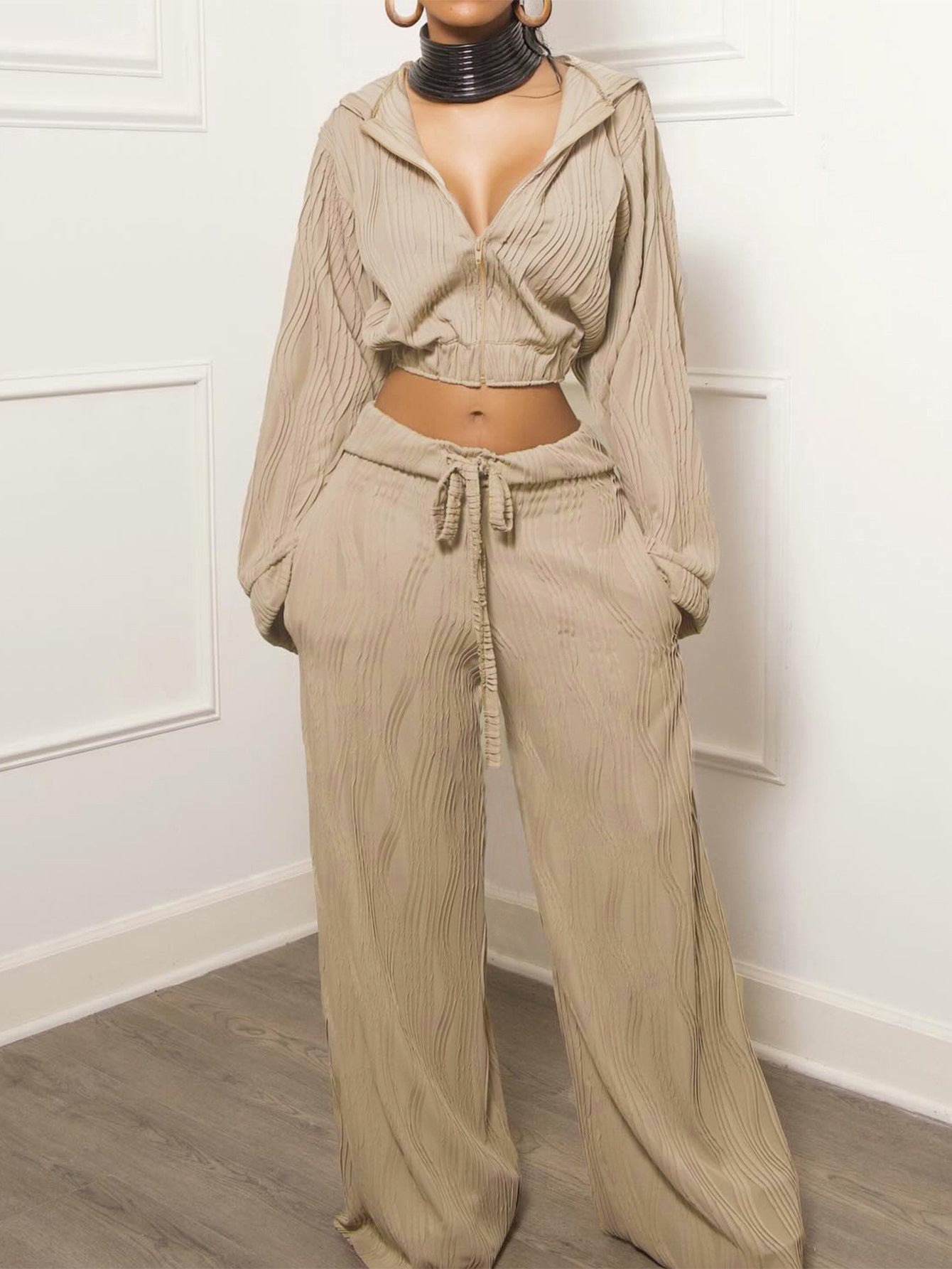 Women's Autumn Winter Casual Long Sleeve Zipper Hoodies Wide Leg Pants Two Piece Set 4