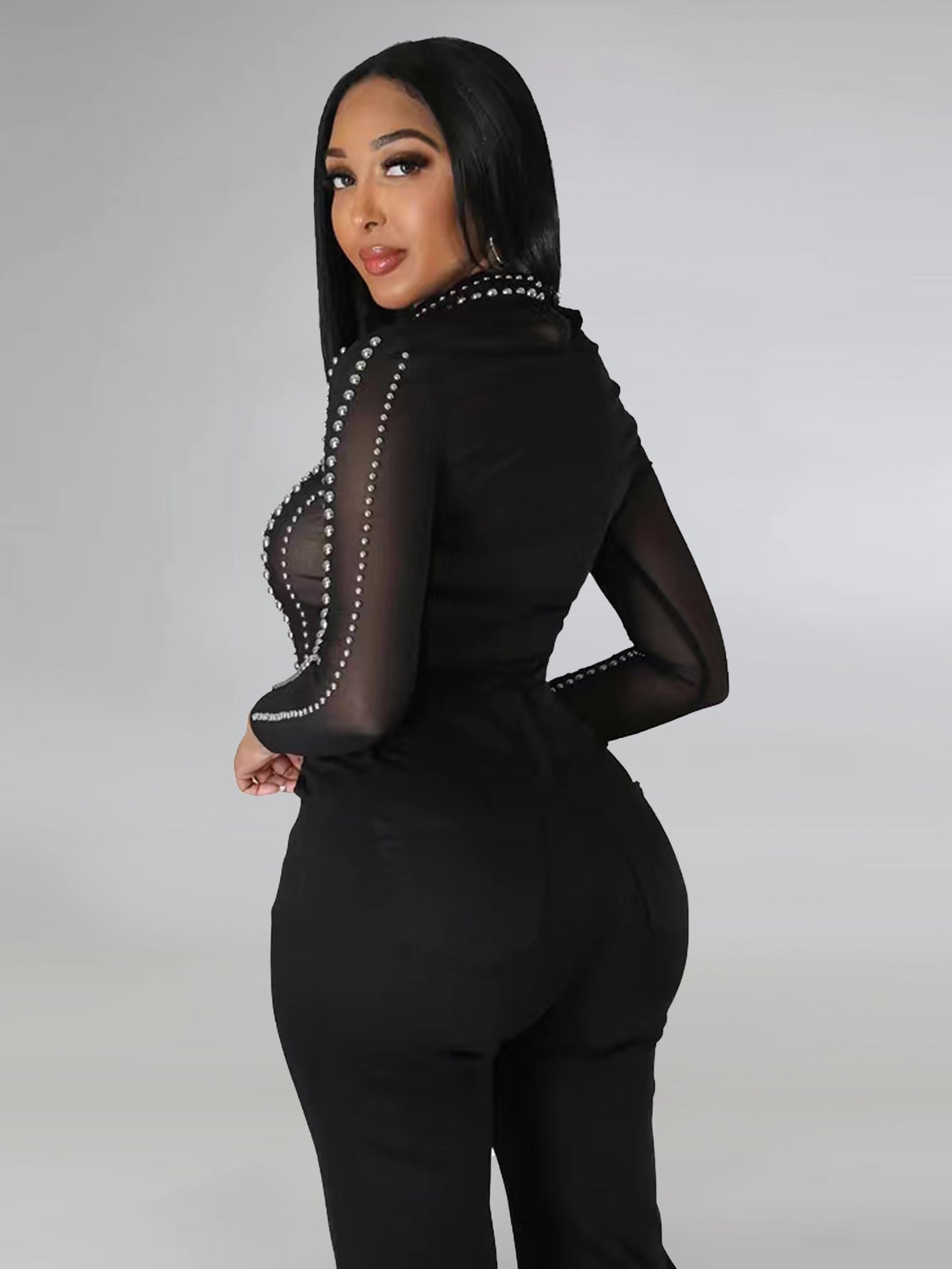 Black Transparent Mesh  Long-Sleeved Top Pants Sexy Nightclub Two-Piece Set 4