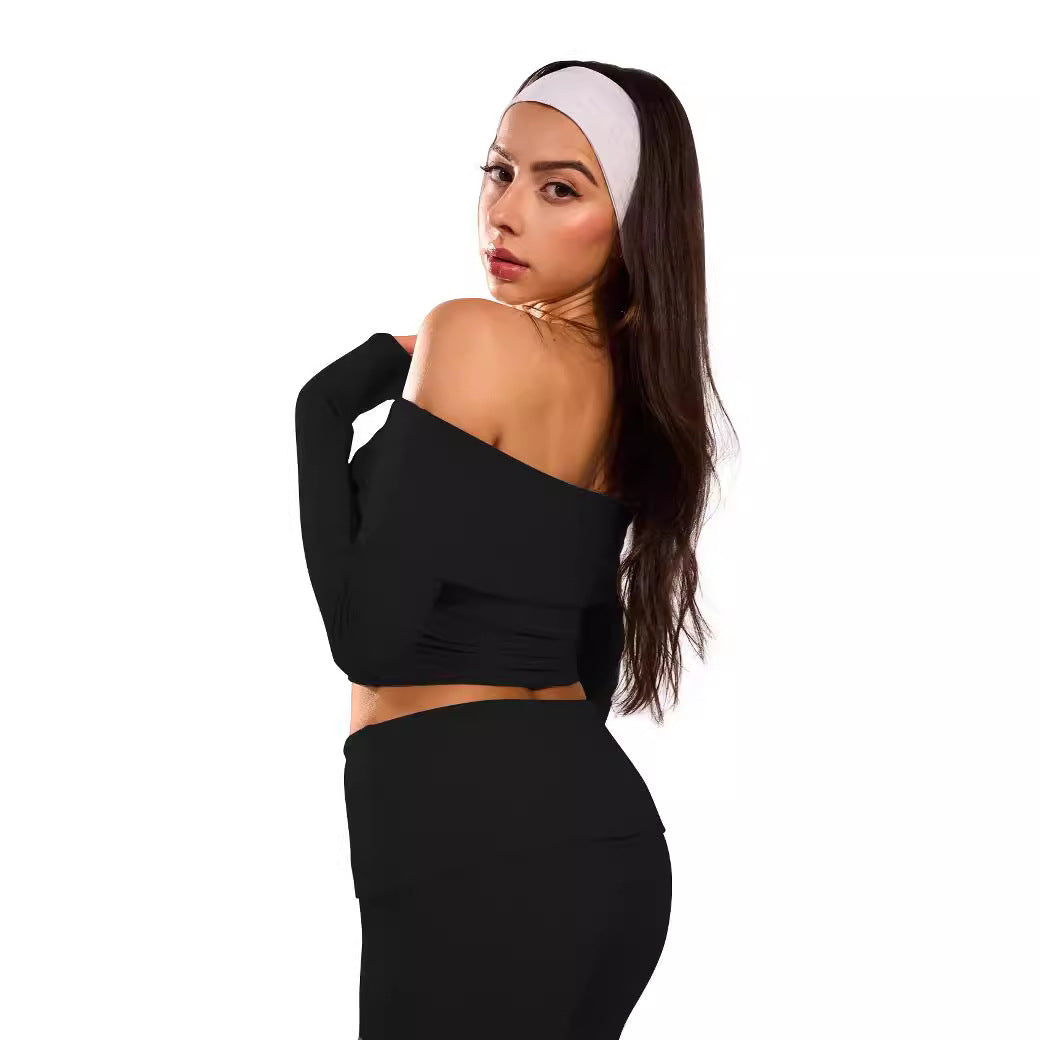 Women Off Shoulder Top Bell Bottom Pants Solid Pants Two-Piece Set 4