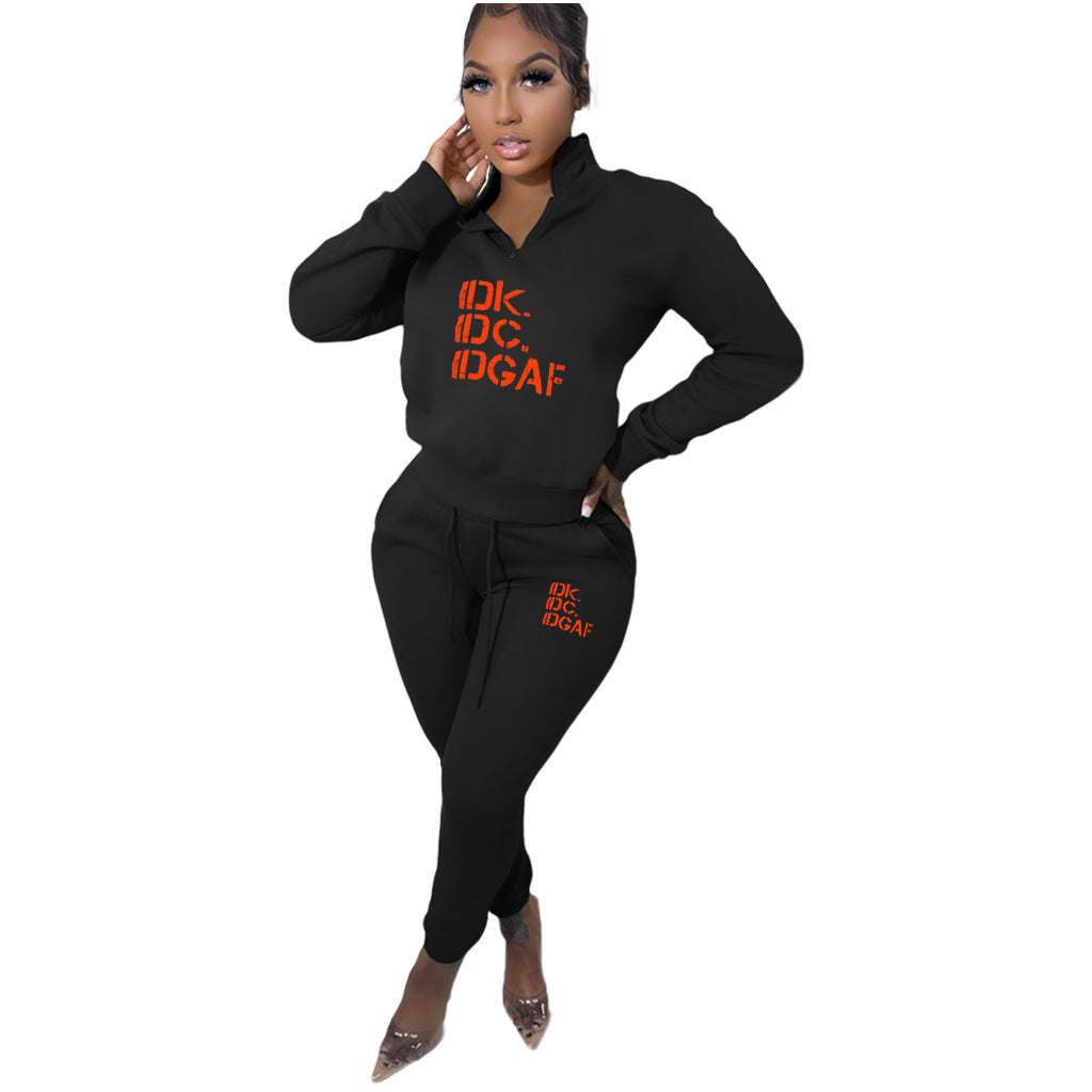 Women Casual Letter Print Fleece Zip Long Sleeve Top and Pant Two Piece 15