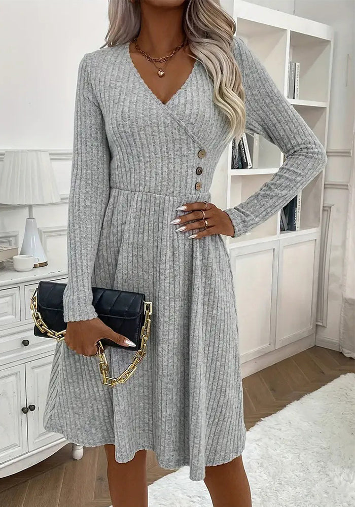 Autumn & Winter Fashion Chic Solid Color V-Neck Knit Dress