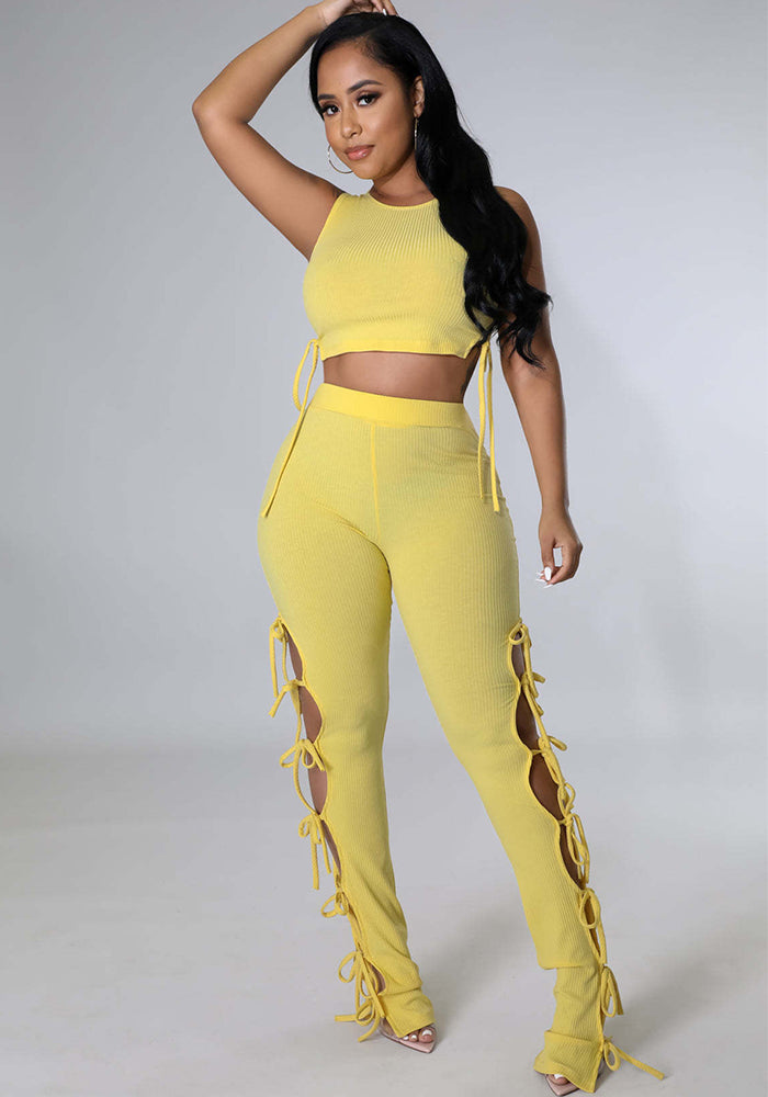 Women's Fashion Summer Style Cutout Tie Solid Color Ribbed Sleeveless Two-Piece Pants Set
