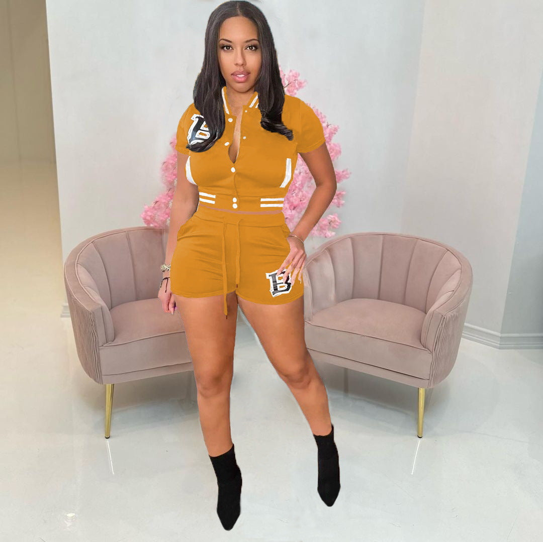 Women's Letter Print Ribbed Baseball Jacket Shorts Two Piece Set 13