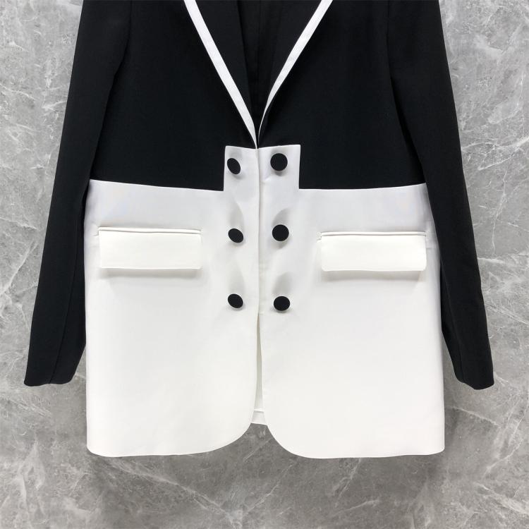 Women's Autumn Winter Coat Chic Black and White Colorblock Double Breasted Maxi Blazer 4