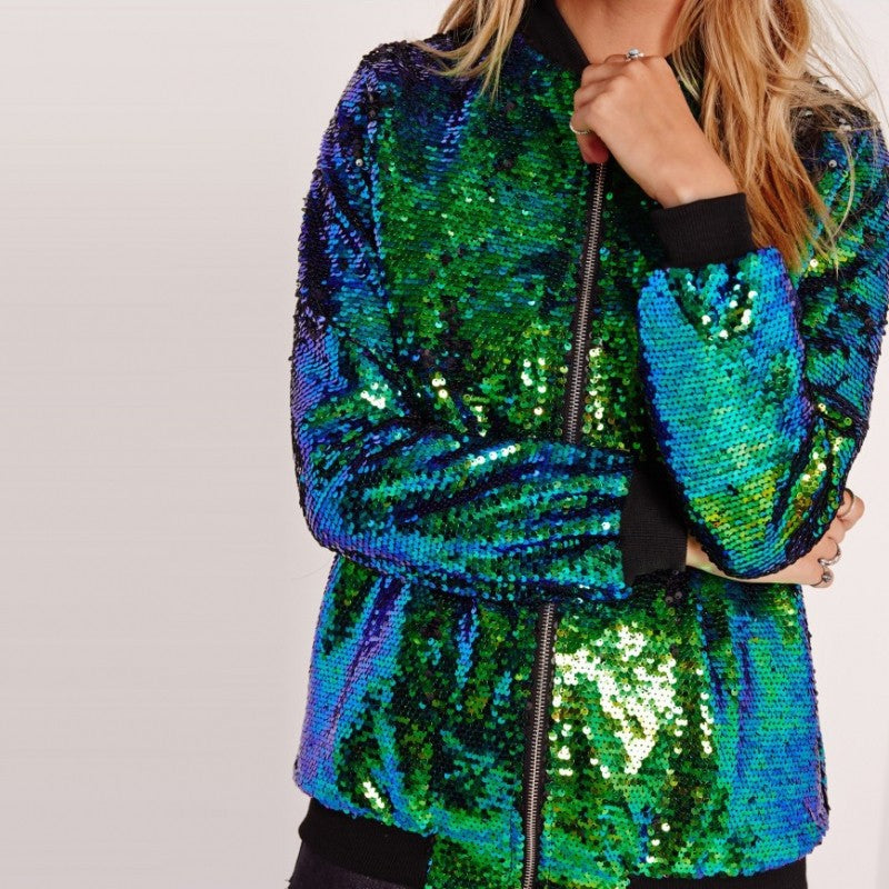 Casual Women's Fall Outer Coat Plus Size Loose Sequin Baseball Jacket