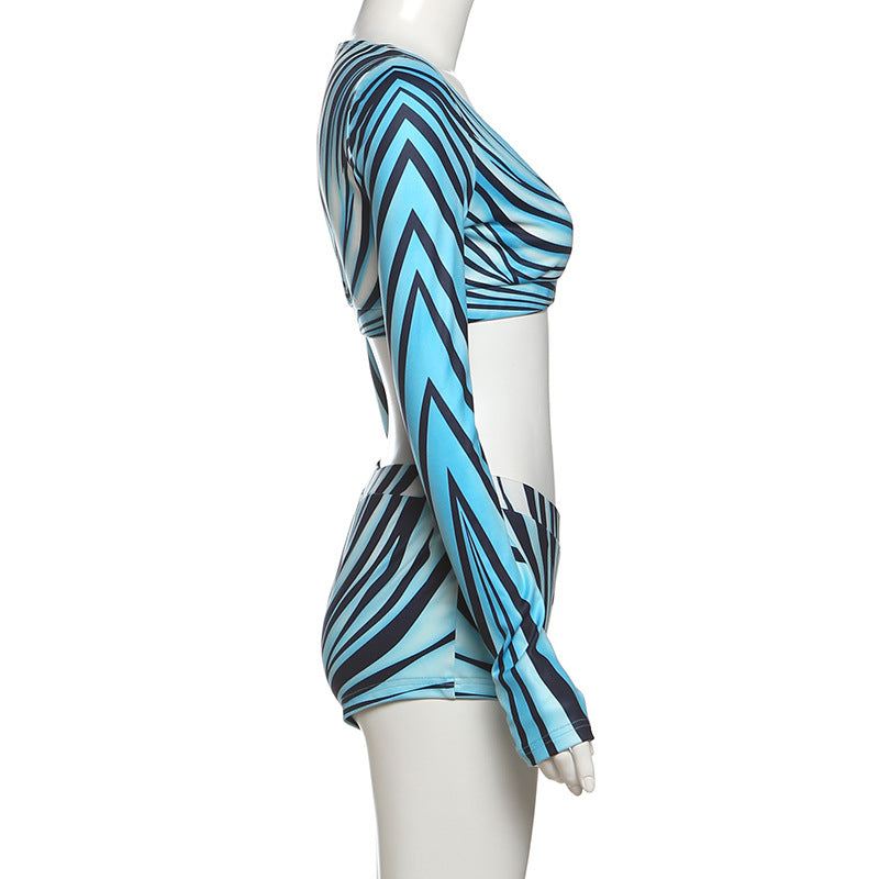 Women Summer Trendy Sexy Striped Long-Sleeved Top and Shorts Two-Piece Set 6