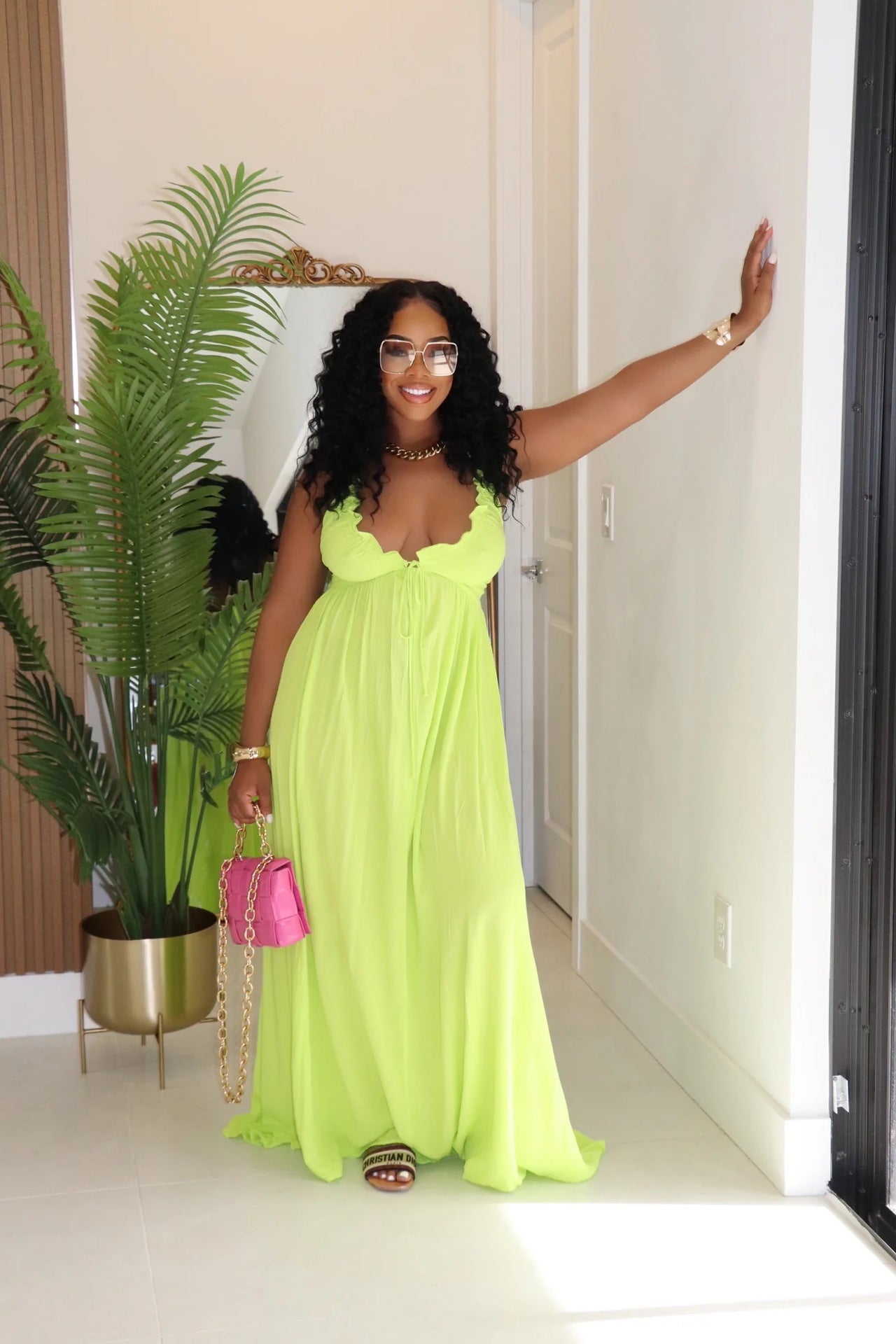 Women Casual Drawstring Lace V-Neck Solid Slip Dress 3