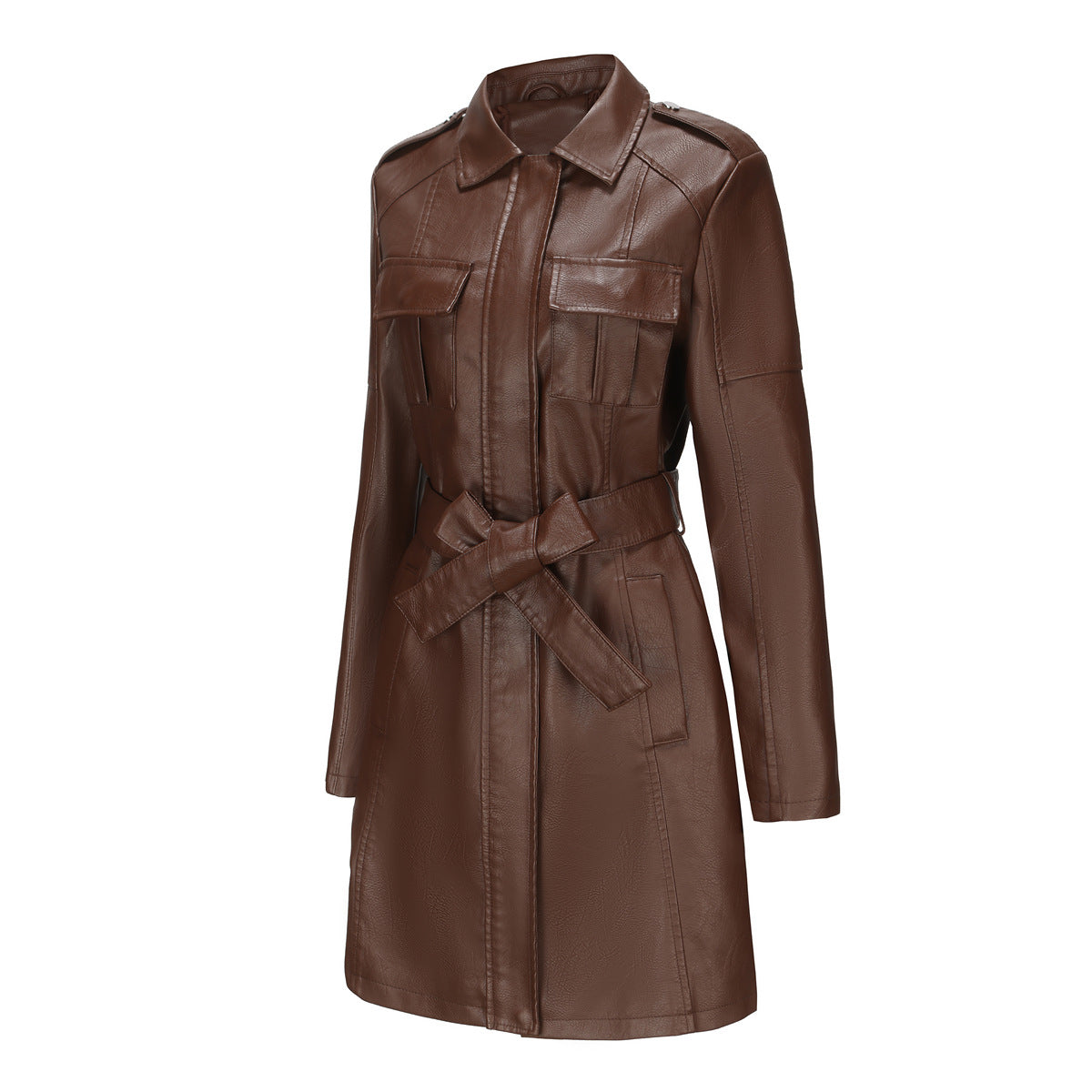 Spring And Autumn Long-Sleeved Leather Windbreaker Leather Jacket With Belt Fashionable British Jacket For Women 31