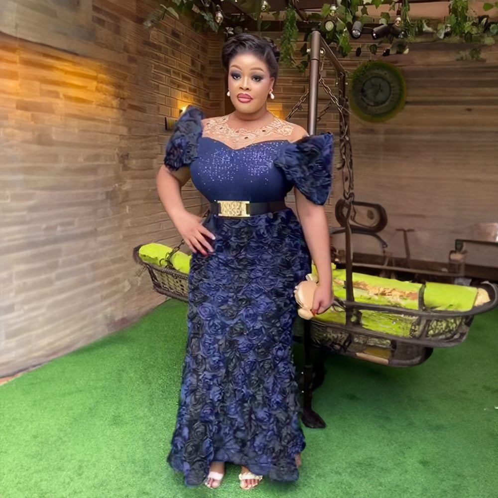 African Women's Dress Luxury Embroidery Off Shoulder Mesh Beaded Belted Evening Dress 6