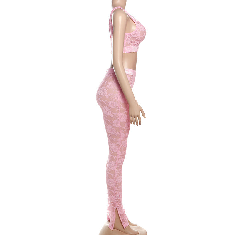 Women Summer Sexy Wrap Patchwork Lace Suspender Crop Top and Pants Two Piece Set 6