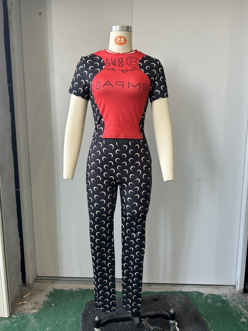 Trendy Moon Print Stretchy Slim-Fit Basic Top & Pants Set 10