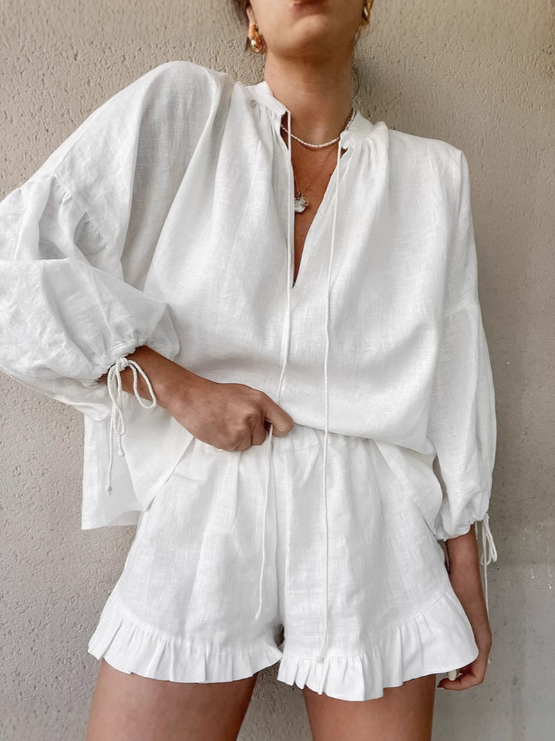 Women Spring White V-neck Lantern Sleeve Long Sleeve Top and Shorts Two-piece Set 5